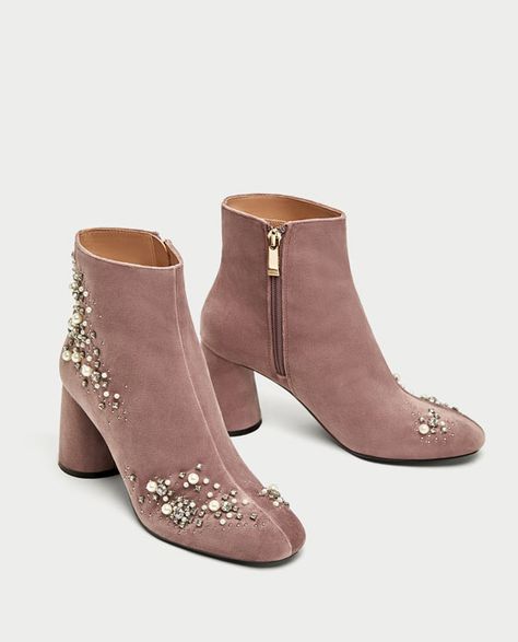 Image of Zara beaded fall boots Pearl Boots, Velvet Ankle Boots, Beaded Ankle, Zara Boots, Velvet Boots, Pink Boots, Boots Fall, Zara Shoes, Short Boots