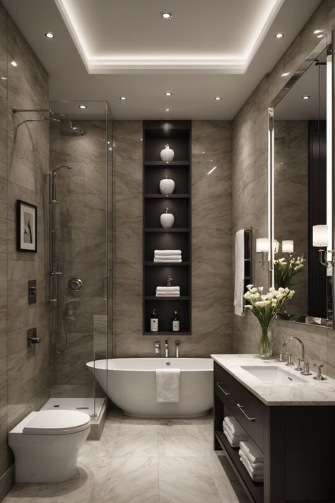 Luxury Bathroom Ideas Decor, Modern Bath Tub Ideas, Bathroom Vanity Design Modern Luxury, Bathroom Ideas Shower And Bath, Master Room Bathroom Ideas, Family Bathroom Inspiration, Luxury Bathroom Design Ideas, Modern Bathroom With Tub, Elegant Bathroom Luxury Modern