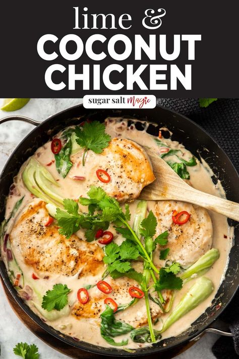 This lime coconut chicken is a one-pan, less than 30 minute dinner wonder! Lime, chicken and coconut milk combine for a flavourful and fresh thai-style recipe that’s perfect for busy weeknights. Chicken Coconut Lime Recipes, Coconut Lime Sauce, Chicken And Coconut Milk, Chicken Curry Recipe No Coconut Milk, One Pan Coconut Lime Chicken, Recipes With Coconut Milk, Chicken With Coconut Milk, Mild Coconut Curry Chicken, Green Thai Curry Chicken Coconut Milk