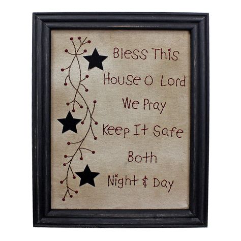 PRICES MAY VARY. Measures 11" x 14" Made of distressed black wooden frame and fabric Decorative accent with natural colors and texture Beautiful decoration for any room Great gift for family, friends, neighbors and acquaintances CVHOMEDECO. is a home and garden crafts supplier.  The stitchery frame says "Bless this house o lord we pray keep it safe both night & day" with star design. Add a country and charming touch to your home, porch, wall or cabin. You will find that it bring your home more s Primitive Signs Wooden, Primitive Decor Diy, Primitive Wall Decor, Winter Sewing Projects, Colonial Home Decor, Prim Crafts, Primitive Living Room, Winter Sewing, Primitive Stitchery