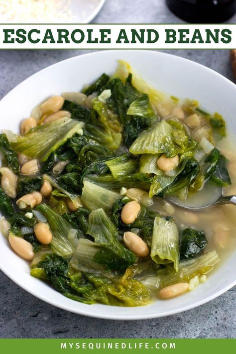 A shallow bowl of escarole and beans in broth. Beans And Greens Recipe, Escarole And Beans, Italian Side Dish, Escarole Recipes, Escarole Soup, Beans And Greens, Italian Beans, Italian Side Dishes, White Bean Soup Recipes