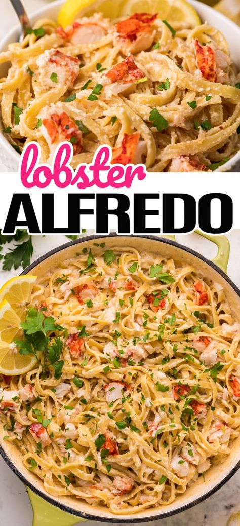 This delightfully easy Lobster Alfredo takes all of 30 minutes to make and will have everyone at the dinner table feeling extra fancy! #RealHousemoms #lobster #fettuccine #alfredo #pasta #seafood #parmesan #easydinner #30minsorless #italianfood #valentinesday #newyearseve Lobster And Linguini, Lobster Fettucine Alfredo, Lobster Alfredo Pasta, Lobster And Pasta Recipes, Lobster Linguini Recipe, Lobster Scampi Recipe, Lobster And Shrimp Pasta, Scallops Alfredo, Lobster Alfredo Recipe