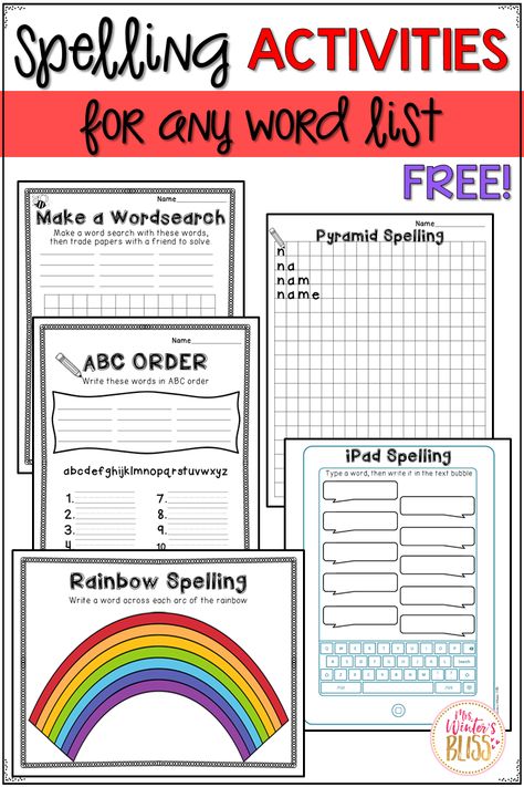 Free spelling activities perfect for any word work center! #wordwork #sightwordactivities #daily5 #teachingreading #mrswintersbliss Ideas For Practicing Spelling Words, Spelling Stations 2nd Grade, Sight Word Practice Worksheets, Blank Spelling Worksheets Free Printable, Spelling Practice Activities Free, Spelling Centers For 3rd Grade, Fun Spelling Activities First Grade, Rainbow Spelling Printable, Spelling Words Games