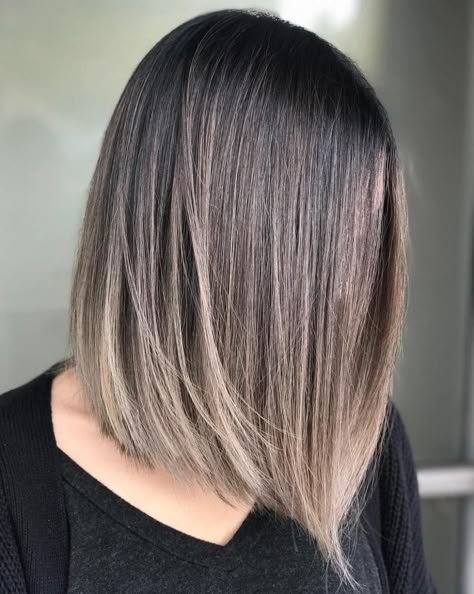 Straight Bob with Subtle Balayage for Brunettes Baliage Bob Short Hair, Subtle Balayage Straight Hair, Hair Biolage Color, Subtle Brunette Balayage, Angled Hair, Straight Bob Haircut, Balayage Straight Hair, Balayage Lob, Balayage Straight