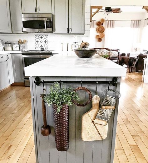 Kitchen Island Hanging Rack, Towel Bar On Kitchen Island, Kitchen Railing Ideas, Hanging Utensils In Kitchen, Kitchen Island Decor Farmhouse, Kitchen Island Towel Bar, Towel Bar Decor, Kitchen Island Ends, Kitchen Island Decor