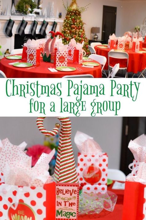 My guests can't stop talking about how much fun this Christmas Pajama Party was. They loved it so much and they now want to make it an annual event. Because everyone wears pajamas, there is a casual vibe and no tension that is sometimes felt in a large party setting. You can customize this party and it's perfect for large and small groups. The menu, games and prizes were huge hits! Christmas Pj Party Ideas, Pj Party Ideas, Pajama Party Games, Christmas Party Menu, Christmas Pancakes, Christmas Classroom Treats, Christmas Pajama Party, Pancake Party, Timeless Christmas