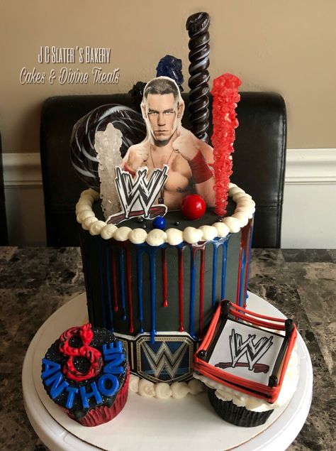 John Cena Birthday Cake, Wrestling Theme Cake, Wwe Birthday Party Ideas Cake, Wwe Themed Birthday Party, Wwe Cake Ideas, Wwe Birthday Party Ideas Decoration, John Cena Birthday, Wrestling Birthday Cakes, Wwe Birthday Cakes