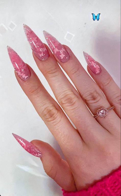 Pink Glitter Stilleto Nails, Stiletto Butterfly Nails, Stiletto Pink Nails, Pink Nails Stiletto, Toe Nails Summer, Simple Summer Nails, Pink Stiletto Nails, Styles For Summer, Summer Nails Summer