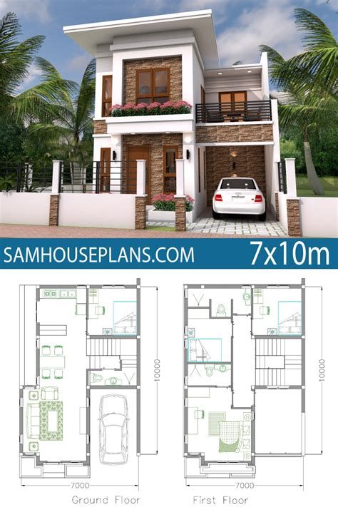 House Plans 6.5x7.5M With 2 Bedrooms - SamHousePlans Two Storey House Plans, Philippines House Design, Two Story House Design, 2 Storey House Design, Two Story House, Modern Small House Design, Duplex House Plans, House Plan Gallery, Two Storey House