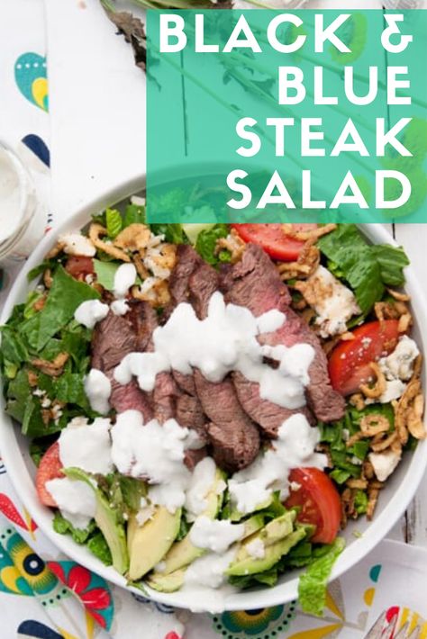 Black and Blue Steak Salad is a hearty dinner salad full of savory steak and cool homemade blue cheese dressing perfect for light summer dinners. #salad #beef #keto Steak Salad With Blue Cheese Dressing, Black And Blue Salad Steak Recipe, Keto Steak Salad Recipes For Dinner, Black And Blue Steak Salad, Black And Blue Salad, Black And Blue Steak, Salad Boards, Blue Steak, Homemade Blue Cheese Dressing