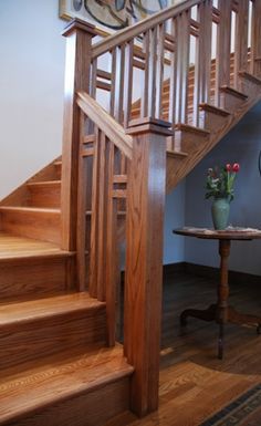 Craftsman Stair Railings | arsts and crafts stair, mission style staircase | Designed Stairs Craftsman Stairs, Craftsman Staircase, Craftsman Interiors, Arts And Crafts Style Homes, Outdoor Stair Railing, Modern Stair Railing, Craftsman Homes, Handrail Design, Contemporary Staircase