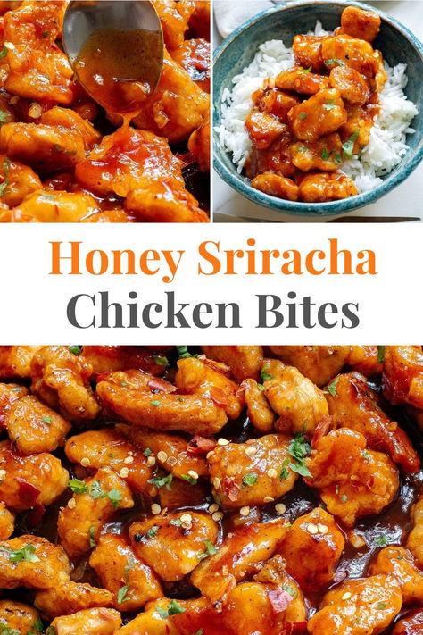 Honey Sriracha Chicken Bites Chicken Bites With Sauce, Rice With Noodles, Baked Honey Sriracha Chicken, Honey Siracha Chicken, Honey Chicken Breast, Sweet Spicy Sauce, Spicy Honey Chicken, Rice Cauliflower, Honey Sriracha Chicken