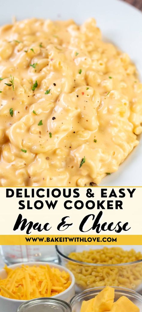 Experience the ultimate comfort with Crockpot Mac and Cheese. This recipe combines elbow pasta, cheddar, and American cheese for a creamy, dreamy dish. Perfect for potlucks or a cozy dinner, it's a fuss-free way to enjoy a classic favorite. #Crockpot #MacAndCheese #Creamy #ComfortFood #Cheddar #AmericanCheese #Potluck #SlowCooker #Easy #BakeItWithLove Creamy Mac And Cheese Recipe Crockpot, Macaroni And Cheese Crockpot, Creamy Crockpot Mac And Cheese Recipe, Garlic Mac And Cheese Recipe, Creamy Crockpot Mac And Cheese, Easy Crockpot Mac And Cheese Recipe, Crockpot Macaroni And Cheese, Crockpot Mac And Cheese Recipe, Crockpot Sides