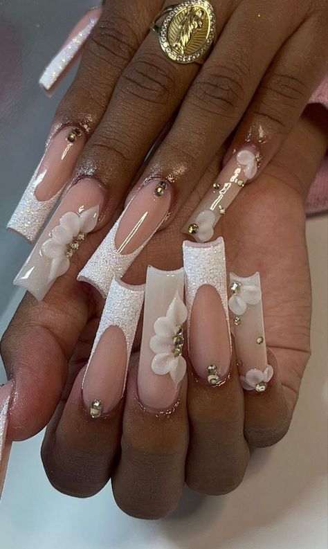 Bride Nails Black Women, White Long Wedding Nails, White And Silver Wedding Nails For Bride, Nails For Nursing Students, White Nails Extra, White Sugar Nails, Matric Dance Nails, Sugared Nails, 17 Birthday Nails