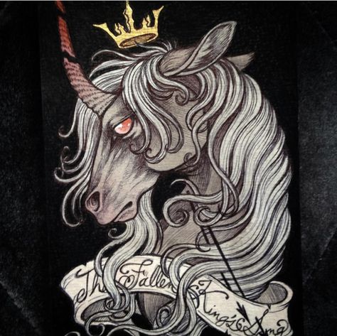 Dark Unicorn Tattoo, Caitlin Hackett, Fallen King, Wizard Drawings, Evil Unicorn, Dark Unicorn, Rock Poster Art, Petit Tattoo, Unicorn Tattoos