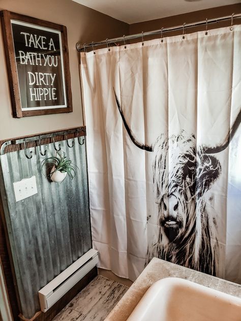 Our western bathroom!  #WesternBathroom #BathroomSign ##Cow #BohoBathroom #Highlander #DirtyHippie Highlander Cow Bathroom, Western Cow Bathroom, Modern Farmhouse Boho Living Room Wall Decor Paintings & Prints, Highlander Cow Living Room, Punchy Bathroom Decor, Cow Decor For Bathroom, Home Western Decor, Rustic Western Dining Room Decor, Western Bathroom Decor Ranch