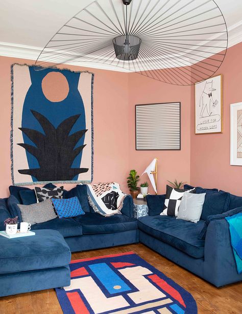 This was a custom hue for this house- how can we approximate? Blue And Pink Wall Paint Ideas, Blue And Pink Living Room, Cinder Rose, Blue Sofa Living, Navy Living Rooms, Murs Roses, Peach Walls, Sheila E, Pink Living Room