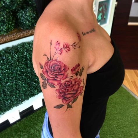 Colored Shoulder Tattoos For Women, Rose Colored Tattoo, Pink Rose Tattoo, Rose Tattoo On Arm, Pink Rose Tattoos, Cool Shoulder Tattoos, Rose Flower Tattoos, Arm Tats, Rose Tattoos For Women