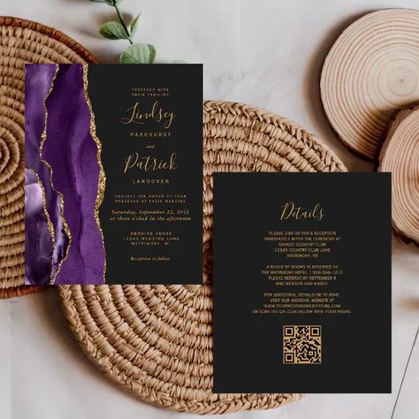 Low Budget Purple Gold Agate Dark Wedding Invite Flyer Paper Nest, Popular Wedding Invitations, Teal Wedding Invitations, Qr Code Wedding, Geode Wedding, Plum Wedding, Elegant Modern Wedding, Budget Wedding Invitations, Dark Wedding