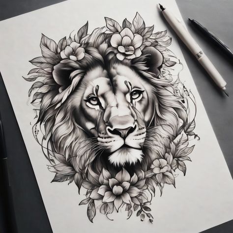 Lion Head With Flowers Tattoo, Lion With Crown And Flowers Tattoo, Lion Face With Flowers Tattoo, Lion With Flowers Tattoo Design, Fierce Lion Tattoo For Women, Lion Tattoo Ideas Female, Floral Lion Tattoo For Women, Lion With Flowers Tattoo For Women, Lion And Flowers Tattoo Design