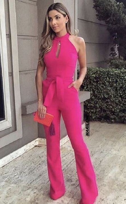 Pink Jumpsuits Outfit, Hot Pink Jumpsuit, Hot Pink Jumpsuits, Interview Suits, White Lace Jumpsuit, Hot Pink Fashion, Color Blocking Outfits, Women Bodycon Dress, Jumpsuit Pattern