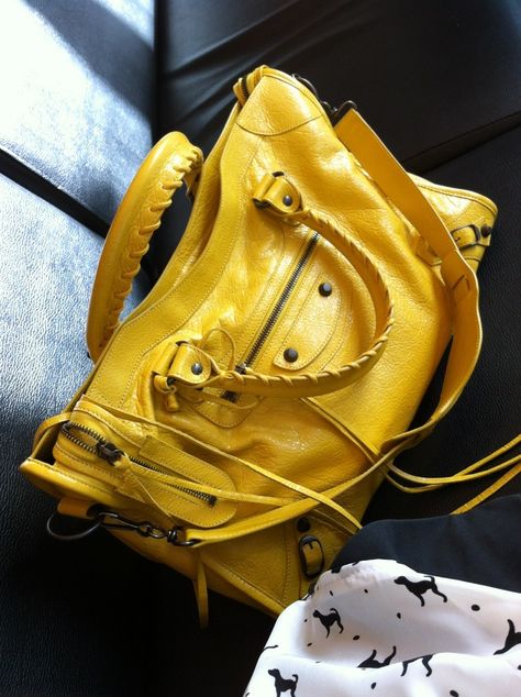 Yellow Balenciaga Bag, Yellow Balenciaga, Dream Bags, Balenciaga Bag, Dark Yellow, Balenciaga City Bag, Cozy Sweaters, Hand Bag, Simple Dresses