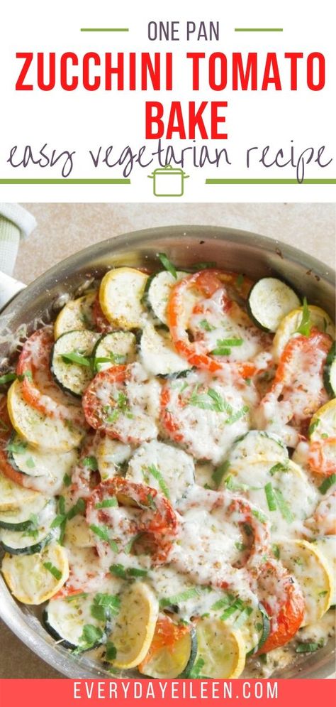 Healthy Zucchini Tomato Bake is loaded with deliciousness from veggies. Topped with melted mozzarella cheese for a fresh and flavorful vegetarian dinner. #zucchinitomatobake #vegetarianbake #everydayeileen Zucchini Tomato Bake, Eggplant Bake, Tomato Bake, Tomato Eggplant, Eggplant Zucchini, Vegetarian Casserole, Zucchini Tomato, Vegetarian Bake, Healthy Zucchini