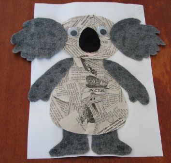 koala newspaper collage for Australia day (January 26) from guybrarian/Phillipa at House of Baby Piranha Paper Koala, Jungle Animal Crafts, Koala Craft, Crafts By Month, Australia Crafts, Newspaper Collage, Newspaper Crafts, Kindergarten Crafts, Australia Day