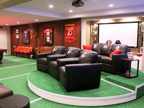 Building your own man cave is one of the greatest moments in a man's life, so enjoy these awesome examples since your significant other won't let you have your own. Best Man Caves, Sports Man Cave, Football Rooms, Basement Home Theater, Football Decor, Ultimate Man Cave, Future Man, Bob Vila, Cave House