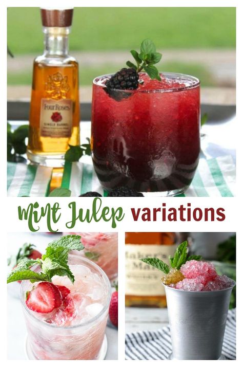 Mint Julep Variations. These fruity cocktails are twists on the normal Mint Julep cocktails.  #mintjulep #cocktails #drinks #booze #fooddays #summertime Easy Mint Julep Recipe, Mint Julep Punch, Collage With Text, Mint Julep Cocktail, Julep Recipe, Mint Julep Recipe, Mint Extract, Twisted Recipes, Tasty Drinks