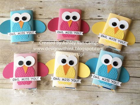 Design With Ink: Owl Miss You!!!...Stampin' Up! Owl Treat, Deco Label Framelit, Oval Framelit, Circle Punches, Owl Treat, Owl Miss You Owl Miss You, Owl Treats, Owl Cards, Ideas For Teachers, Owl Books, Sunday School Kids, Hershey Kiss, Miss You Gifts, Owl Card