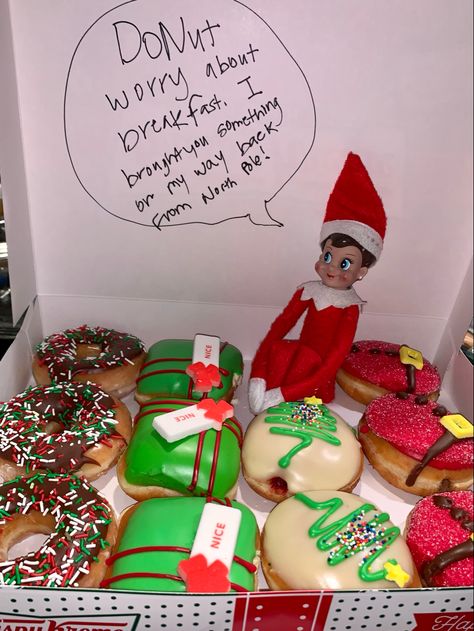 Elf Brings Treats, Elfie Is Back Ideas, Elf On The Shelf I Made You Breakfast, Ideas To Bring Elf On The Shelf Back, Elf Makes Breakfast, Fun Ideas For Elf On The Shelf Kids, Elf On A Shelf Breakfast Ideas, Elf On The Shelf Dominos Pizza, Elf Donuts Ideas