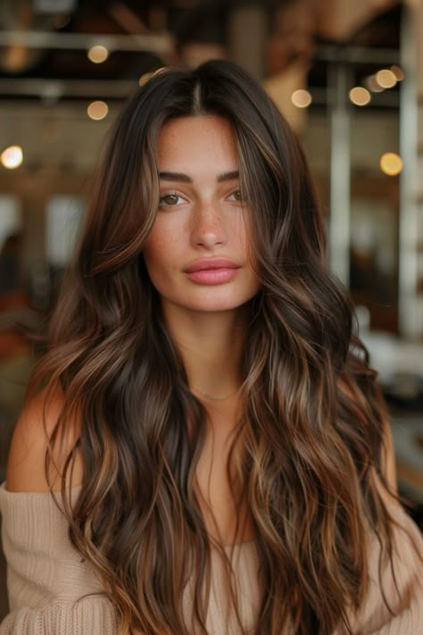 Natural Balayage For Brown Hair, Blonde Highlights To Dark Brown Hair, Dark Root Bronde Balayage, Dark Brown Balayage Long Hair, Dark Brown Hair With A Money Piece, Natural Brown With Dimension, Medium Dark Brown Hair Balayage, Brown Hair Color Dimension, Full Balayage Dark Brown Hair