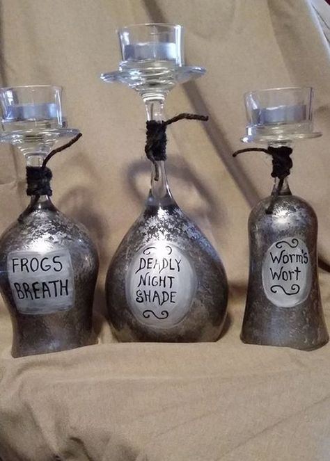 Handmade Christmas Gifts From Children, Pumpkin Centerpieces Wedding, Pumpkins Wedding, Wine Glass Candle Holders, Nightmare Before Christmas Decor, Decorate Pumpkins, Creepy Candles, Candle Holder Ideas, Halloween Wedding Ideas