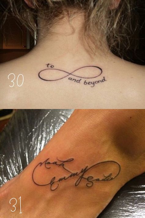 31 Creative Infinity Tattoo Ideas - Tattoo Glee Infinity Tattoos Men, Kid Name Tattoo Ideas Mothers, Infinity Tattoo Ideas, Mother Of 3 Tattoo Ideas, Infinity Name Tattoo, Small Infinity Tattoos, Infinity Sign Tattoo, Mother Tattoo, Mum Tattoo