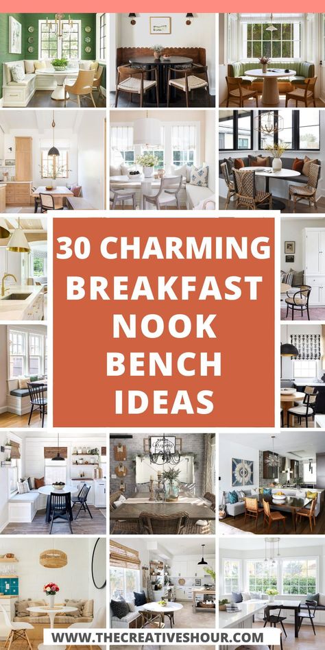 Create a charming breakfast nook with a bench for a warm and inviting start to your day. Explore ideas and inspirations for adding this cozy seating to your kitchen or dining area. Reading Breakfast Nook, Breakfast Nook Ideas With Rectangle Table, Breakfast Nook With French Doors, Bench In Bay Window Kitchen, Breakfast Nook With Bay Window, Kitchen Benches Seating Under Window, Breakfast Nook Furniture Ideas, Small Kitchen Breakfast Nook Ideas, Small Kitchen Seating Area