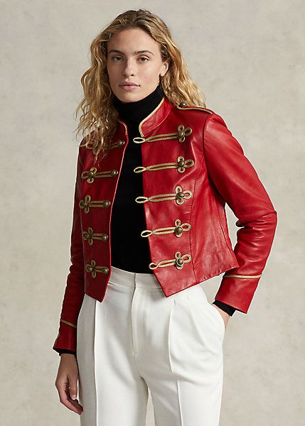 Surplus Lambskin Jacket for Women | Ralph Lauren® UK Band Jacket, Army Officer, Lambskin Jacket, Marching Band, Metal Buttons, Military Fashion, Lambskin Leather, Red Leather Jacket, Military Jacket