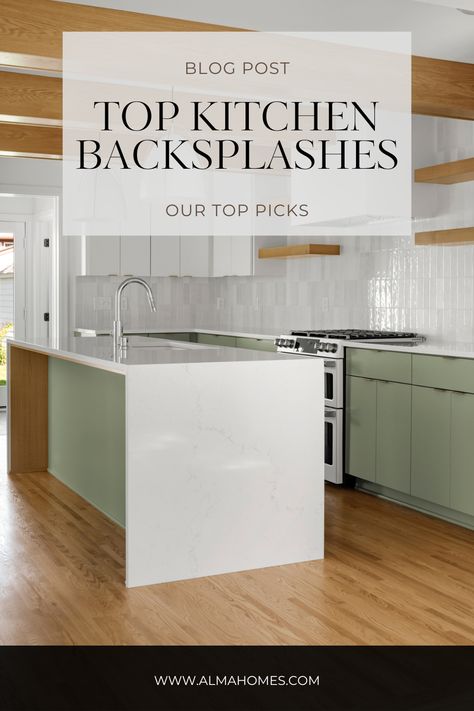 We like to think of backsplash as the jewelry of a space – it’s the detail that maybe isn’t as noticeable at first glance, but it certainly enhances the overall look of your kitchen space. We approach kitchen backsplashes with a subtle, thoughtful, and timeless eye. While it’s easy to delve into the fun backsplash trends and colorful mosaic, it’s important to consider the lifespan of the backsplash and if it will still hold its design value years down the line. Full Tile Walls In Kitchen, Full Wall Backsplash Kitchen, Sea Green Backsplash Kitchen, Subtle Green Backsplash Kitchen, White Kitchen Sage Backsplash, Tourquise Backsplash Kitchen, Colored Cabinets Vs. Colored Backsplash, Backsplash Trends, Stone Mosaic Wall