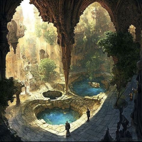 Fantasy Landscape Kingdom, Dnd Concept Art Scenery, Fantasy Spring Landscape, Fantasy Buildings Concept Art, Fantasy World Clothes, Dnd Fantasy Art Landscape, Worldbuilding Landscape, Fantasy Scene Inspiration, Training Grounds Fantasy Art