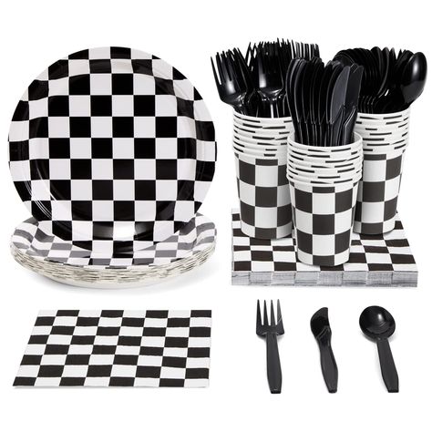 PRICES MAY VARY. Serves 24 Guests: Our disposable dinnerware set includes 24 black and white checkered plates, party cups, dinner napkins, plastic knives, spoons, and forks; you will receive 144 total pieces Racing Birthday Party Supplies: The design of the plates, napkins, and cups features a checkered pattern that will instantly elevate your two fast two curious birthday decorations Quick and Easy Clean-Up: Created for your convenience, the checkered flag party supplies are made to be disposed Monster Truck Birthday Decorations, Cars 2nd Birthday, Racing Birthday, Cars Birthday Party Decorations, Car Birthday Party, Dinosaur Party Supplies, Car Birthday Theme, Race Car Birthday Party, Cars Theme Birthday Party