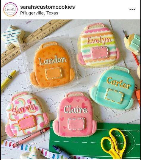 Darling backpack cookies! Great use of stencils. Backpack Decorated Cookies, Backpack Sugar Cookies, Backpack Cookies Decorated, Back To School Royal Icing Cookies, Backpack Cookies, Rainbow Stencil, Back To School Cookies, Cookie Factory, School Cookies