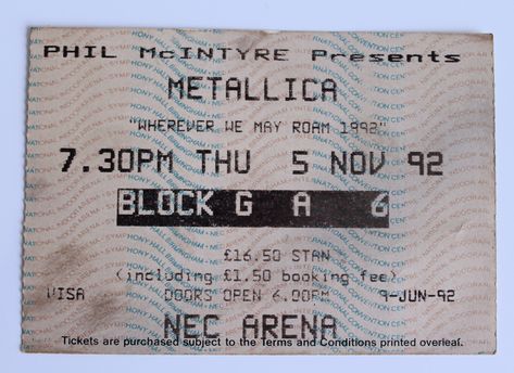 Metallica - Birmingham NEC, Thursday 5th Nov, 1992 Metallica Concert Tickets, Band Concert Poster, Poster 90s, Metallica Concert, Concert Ticket, Band Concert, Concert Poster, Music Posters, Concert Tickets