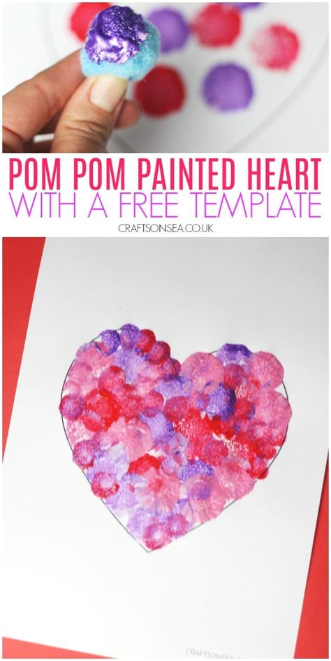 pom pom painted heart craft for kids with a free template #kidscrafts Heart Crafts Kids, Heart Crafts For Kids, Valentines Activities, Simple Valentines, Bunny Valentines, Valentine Art Projects, Valentines Day Book, Heart Kids, Valentine's Day Crafts For Kids