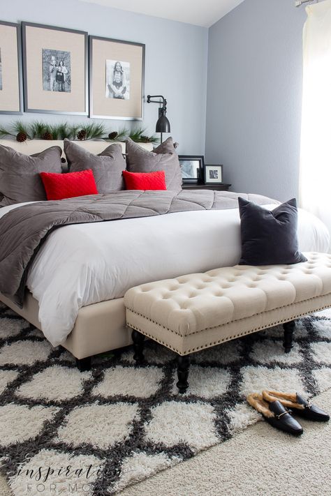 Simple red and grey decor adds soft touches of holiday style to this Christmas Master Bedroom. Fun Christmas Decor, Christmas Red And Green, Bedroom Gray, Luxury Bathroom Master Baths, Grey Bedroom Decor, Neutral Bedroom Decor, Small Bathroom Renovations, Red Bedroom, Christmas Dining Room