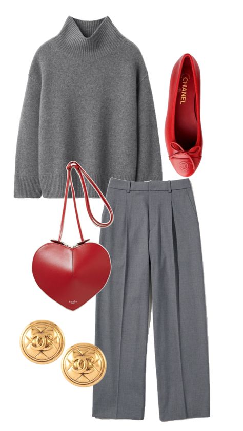 Red and grey combo for fall outfit ideas outfit inspo Grey Combo Outfit, Red Pant Outfit, Gray Pants Outfits Women, Gray And Red Outfit, Gray Trousers Outfit, Autumn Outfit Women, Grey Top Outfit, Red Outfits For Women, Grey Sweater Outfit