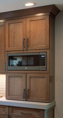 Microwave in a Wall Cabinet Microwave In Pantry, Microwave Placement, Kitchen Design Details, Built In Microwave Cabinet, Microwave Wall Cabinet, Lakehouse Kitchen, Microwave Cabinet, Upper Cabinet, Microwave Drawer