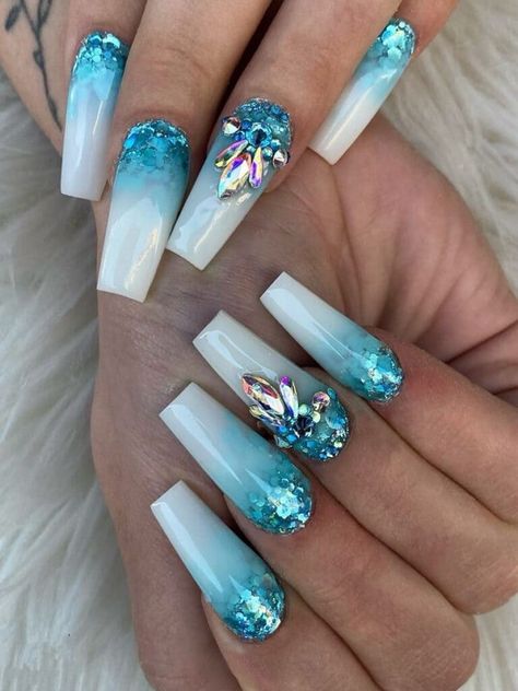 chunky glitter accent long nails Turquoise Nail Polish, Turquoise Nail Designs, Tiffany Blue Nails, Teal Nail Designs, Blue Ombre Nails, Aqua Nails, Teal Nails, Turquoise Nails, Sassy Nails