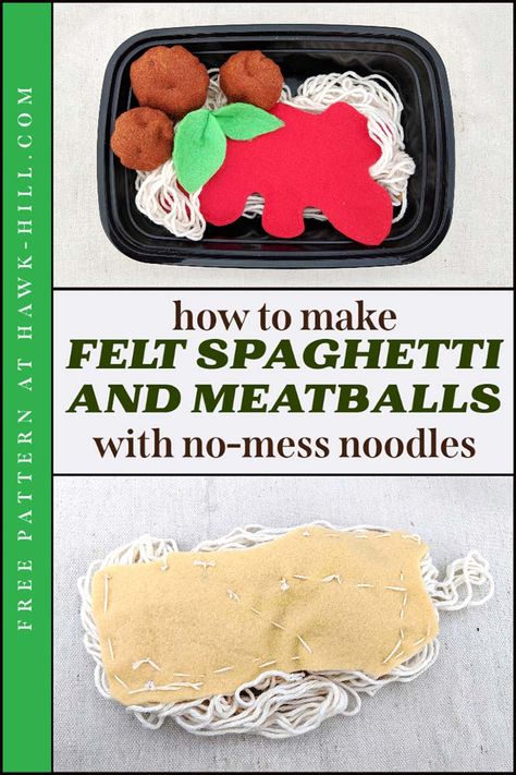 felt spaghetti and meatballs free pattern and tutorial Felt Spaghetti, Felt Food Patterns Free, Felt Food Pattern, Felt Food Patterns, Basil Leaf, Spaghetti Noodles, Making Pasta, Inexpensive Meals, Italian Meatballs