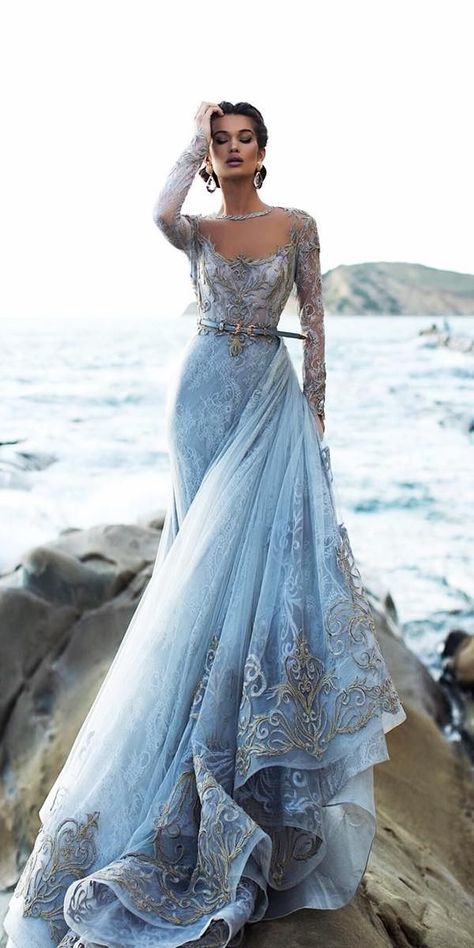 21 Adorable Blue Wedding Dresses For Romantic Celebration ❤  blue wedding dresses a line with long sleeves gold lace tarikedizofficial #weddingforward #wedding #bride Gaun Abad Pertengahan, Tarik Ediz Dresses, White Bridal Dresses, Blue Wedding Dresses, Fantasy Gowns, Fairytale Dress, Gorgeous Gowns, A Rock, Beautiful Gowns