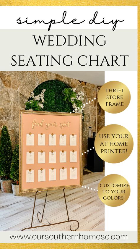 Christy from Our Southern Home shares how to create this gorgeous DIY Wedding Seating Chart using old, oversized thrift store artwork for a budget-friendly look that looks custom with very little money. Visit Our Southern Home for all the details from selecting the frame to customizing the look to work with your colors. Wedding Seating Assignments, Cheap Wedding Seating Chart, Wedding Table Assignments Display, Diy Wedding Seating Chart Ideas, Affordable Seating Chart, Wedding Table Seating Chart Ideas, Wedding Sitting Chart, Diy Seating Chart Wedding, Simple Wedding Seating Chart